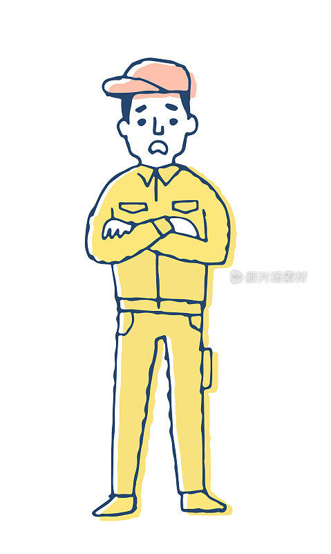 A man in work clothes with a troubled expression